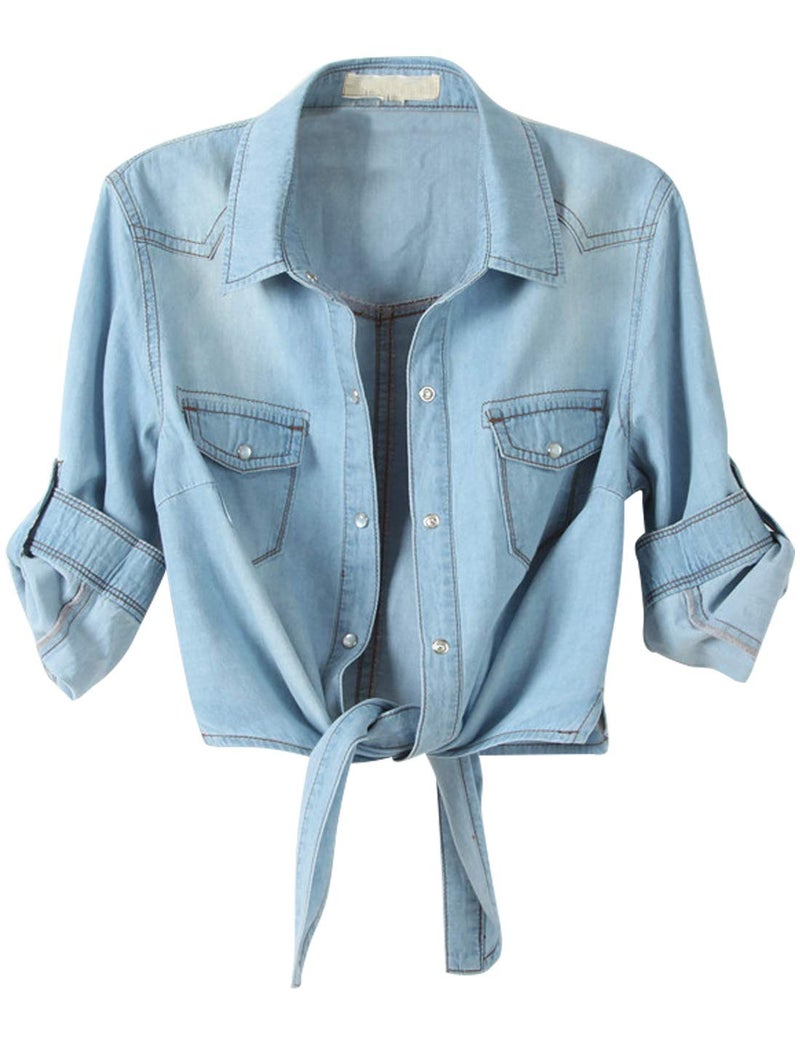 Omoone Women's 3/4 Sleeve Modern Denim Crop Top Tie Knot Shirt Cardigan (0774-Light Blue-XS) - Image 1